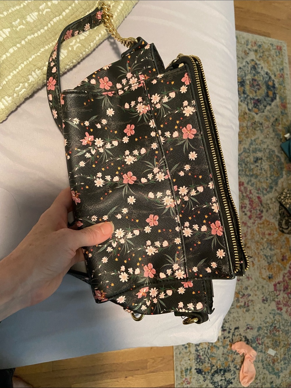 Floral Print Black Crossbody Bag with Pink Accents
